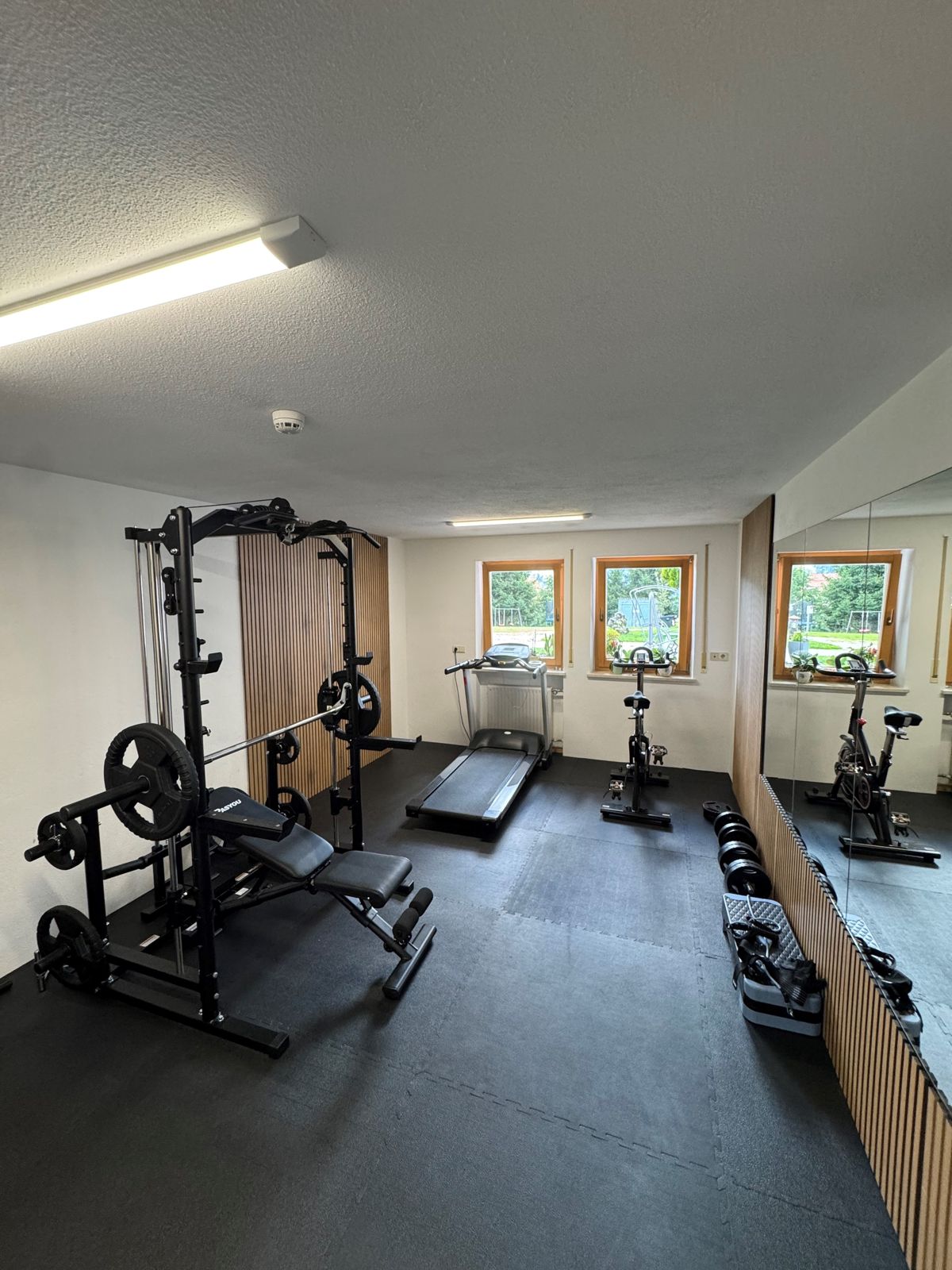 Gym mit Kraftstation, Laufband und Indoor-Bike