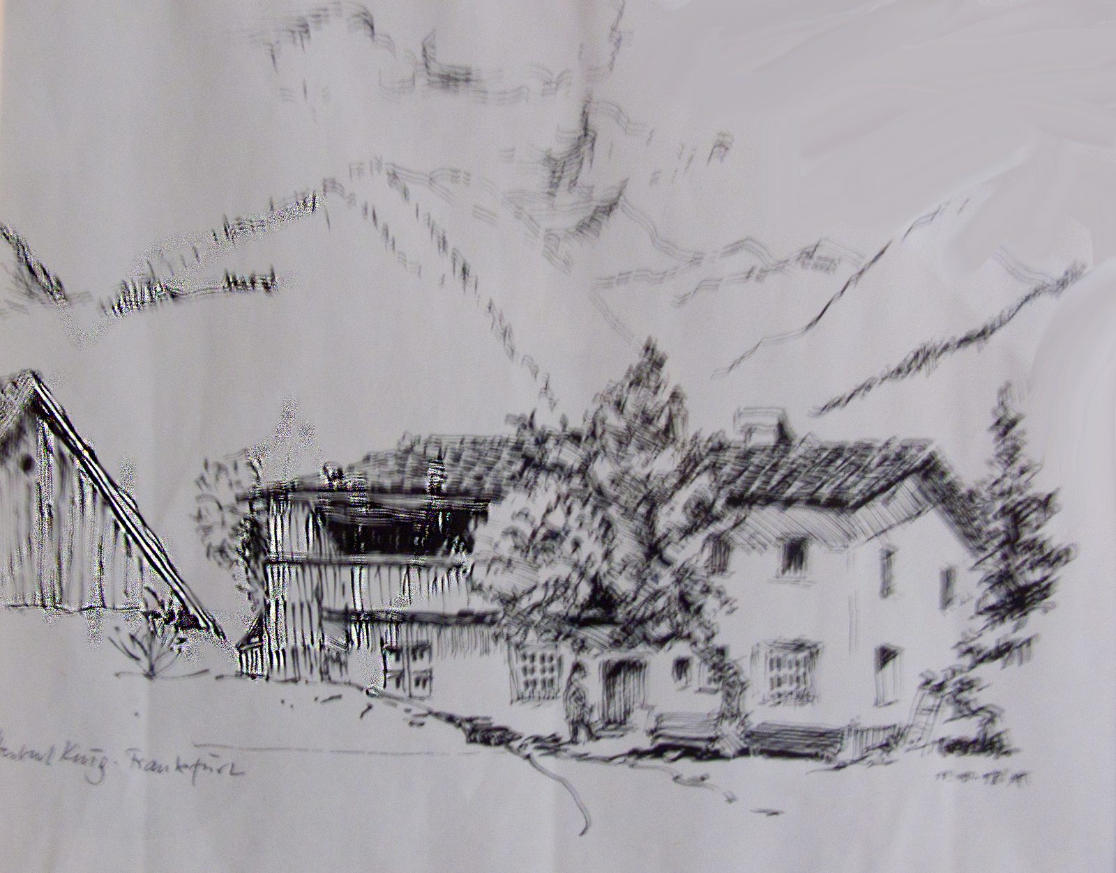 Alte Federzeichnung des Hofes mit Heustadel und Bergen